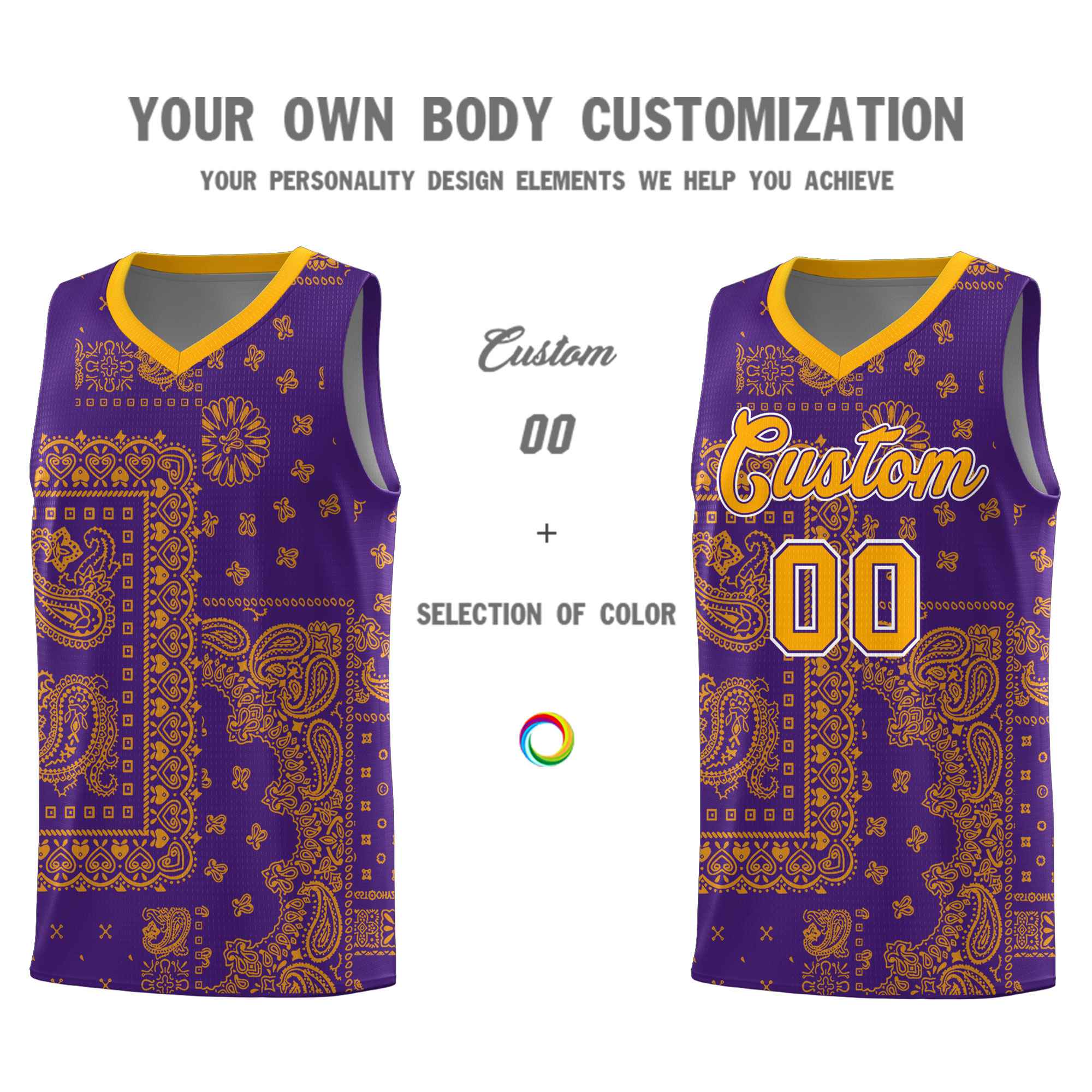 Custom Purple Basketball Kits With Yellow Cashew Flower Print Pattern