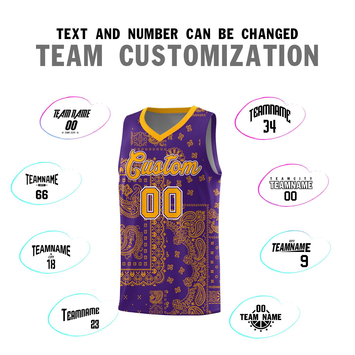 Custom Purple Basketball Kits With Yellow Cashew Flower Print Pattern