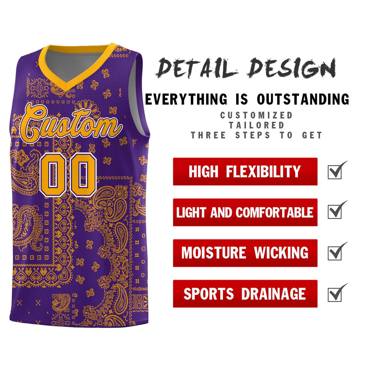 Custom Purple Basketball Kits With Yellow Cashew Flower Print Pattern