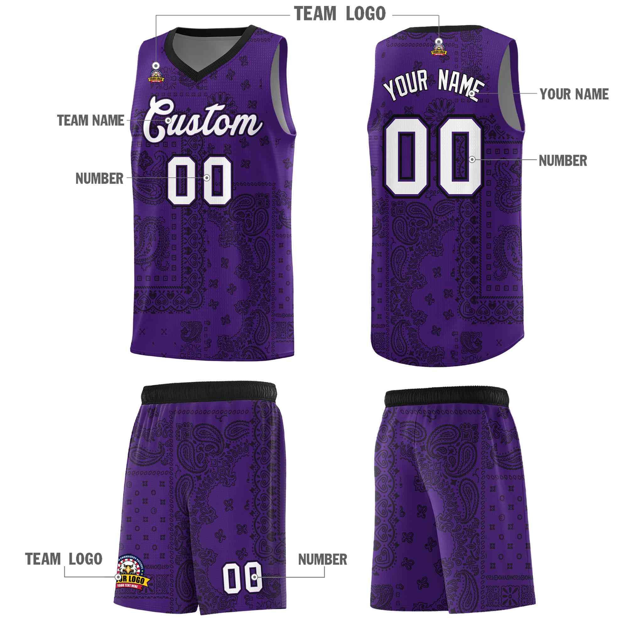 Custom Purple Basketball Kits With Black Cashew Flower Print Pattern