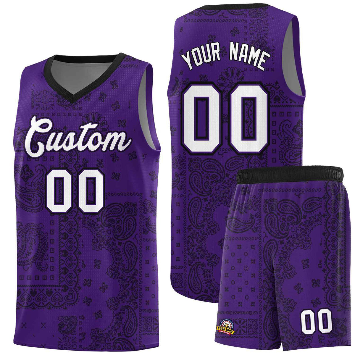 Custom Purple Basketball Kits With Black Cashew Flower Print Pattern