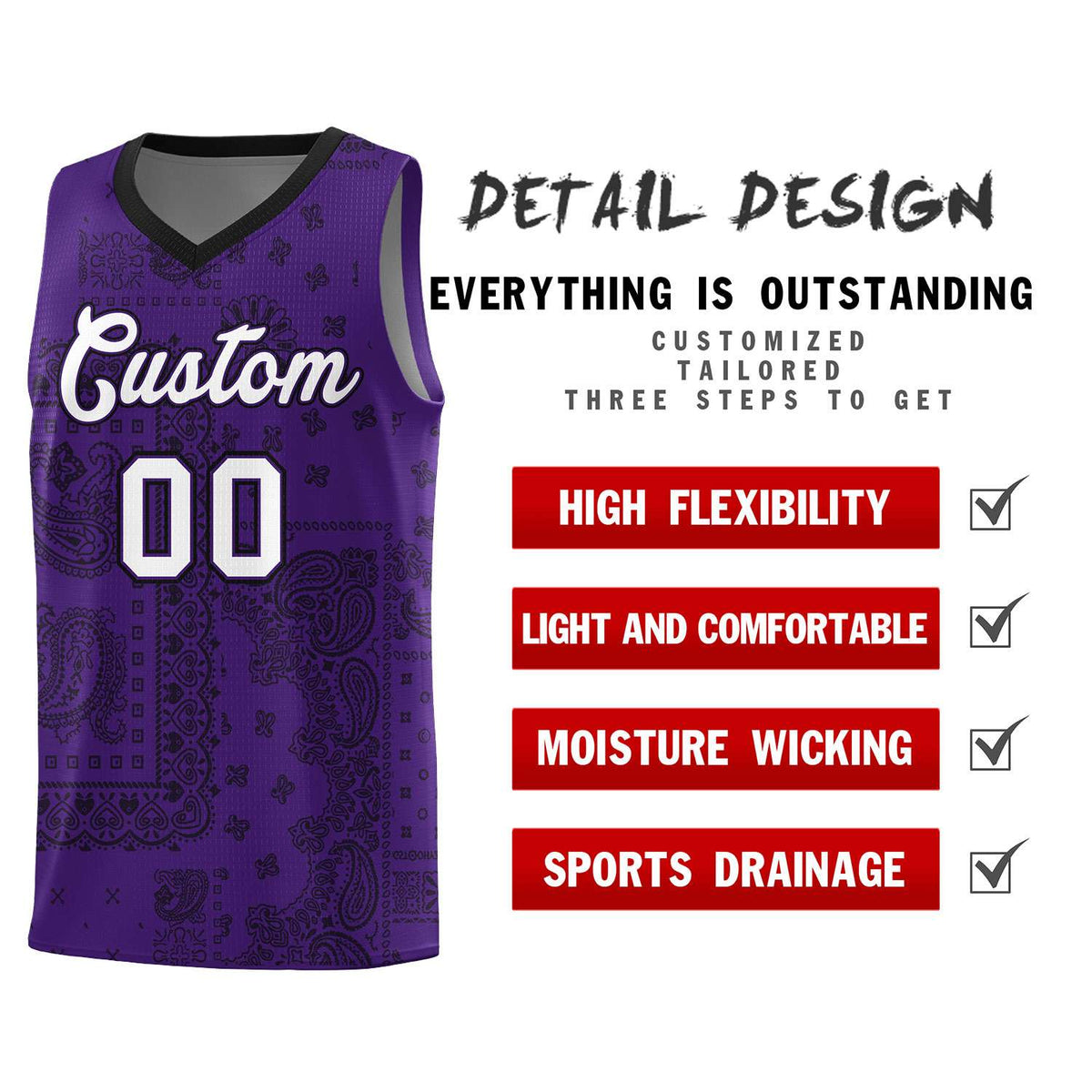 Custom Purple Basketball Kits With Black Cashew Flower Print Pattern