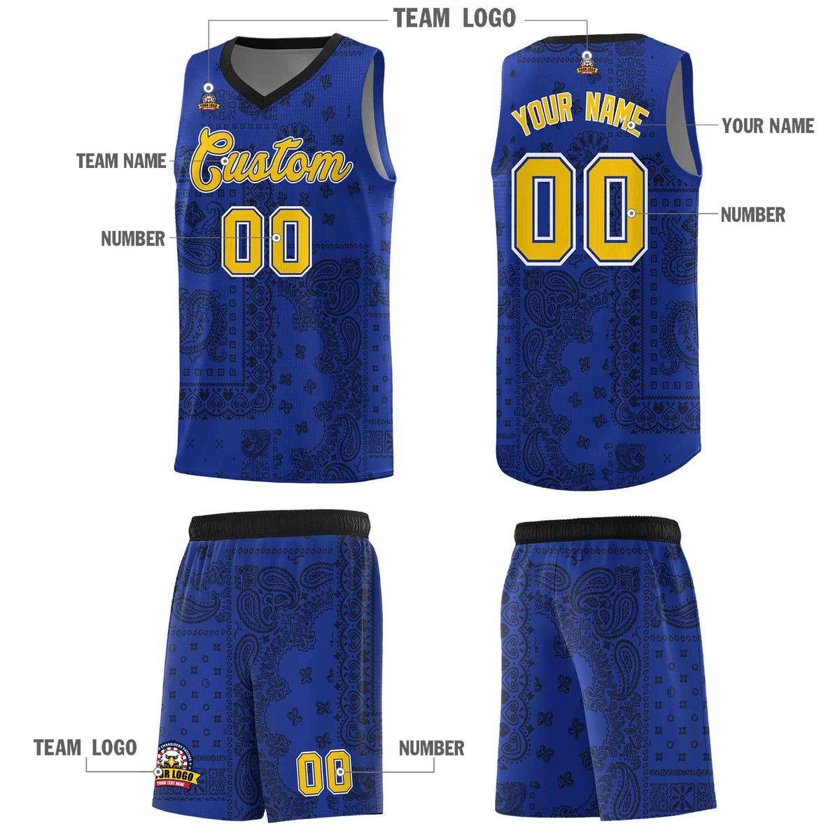 Custom Royal Basketball Kits With Black Cashew Flower Print Pattern