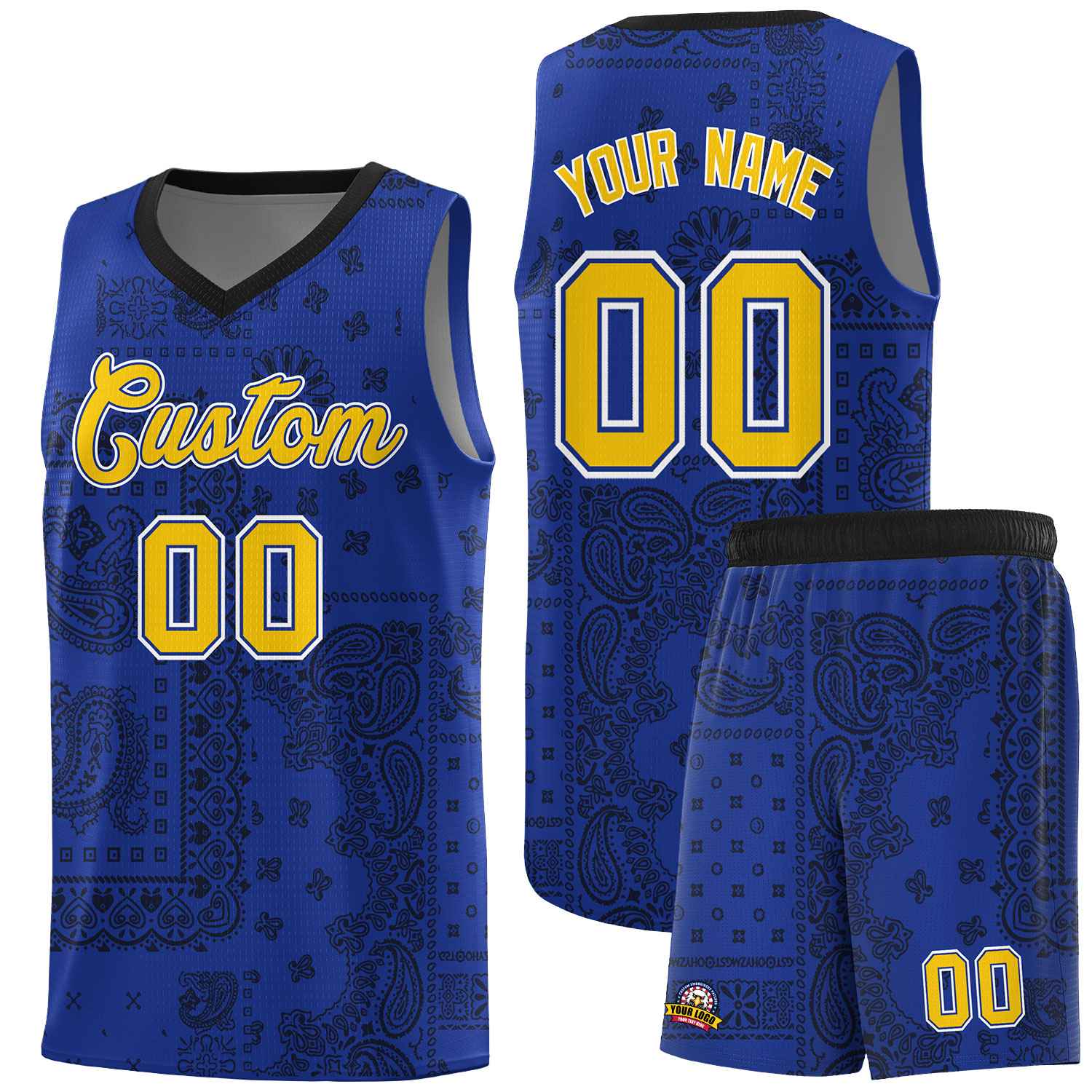 Custom Royal Basketball Kits With Black Cashew Flower Print Pattern