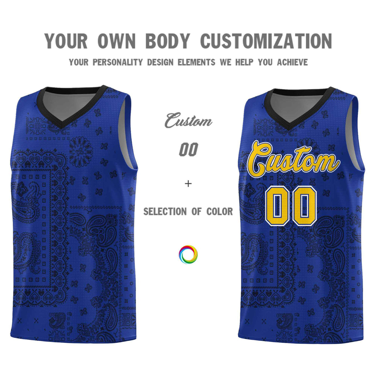Custom Royal Basketball Kits With Black Cashew Flower Print Pattern