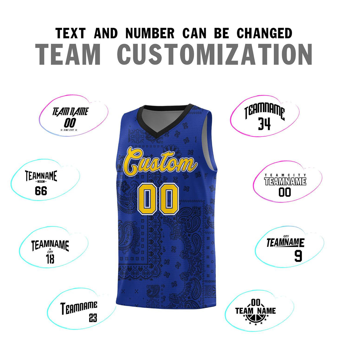 Custom Royal Basketball Kits With Black Cashew Flower Print Pattern