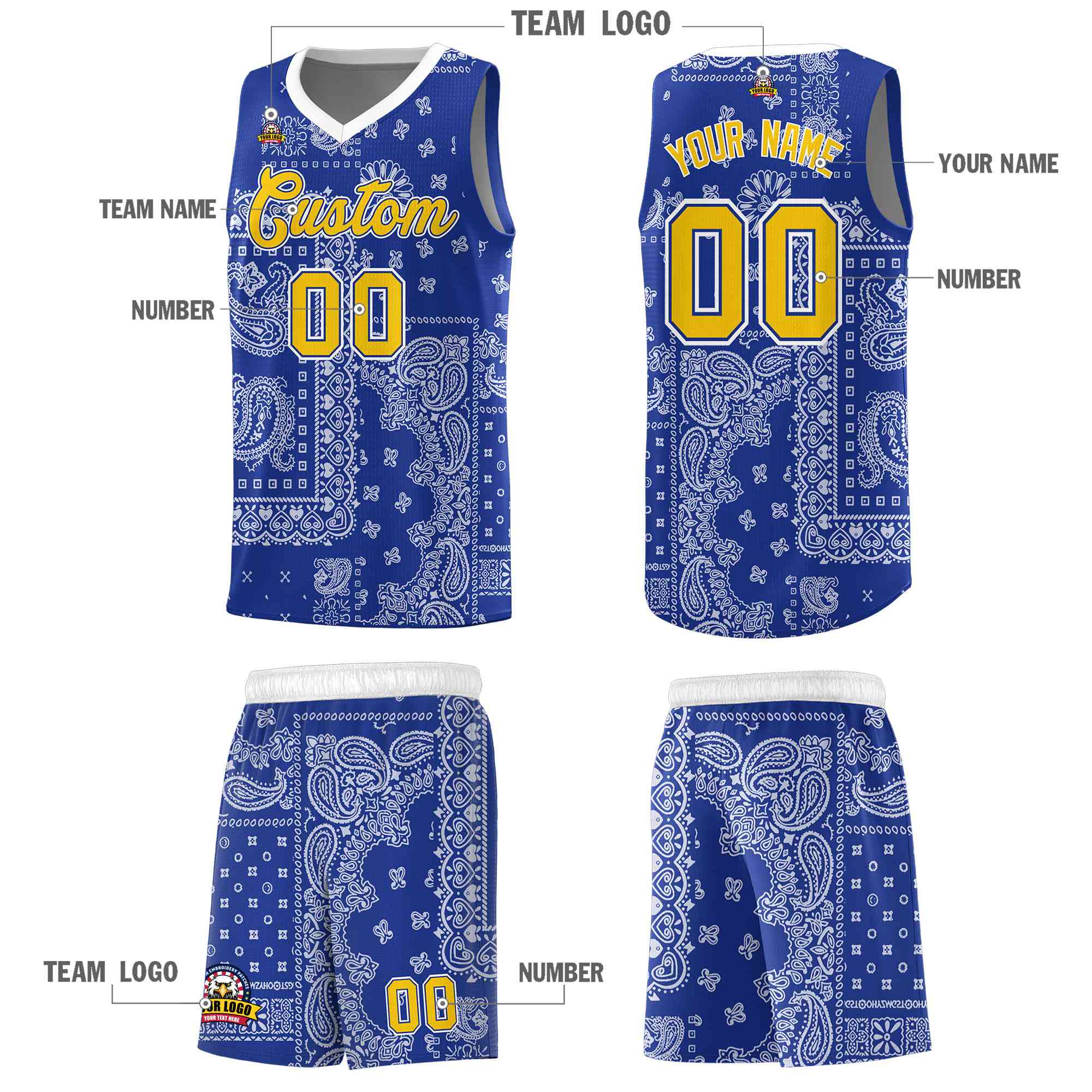 Custom Royal Basketball Kits With White Cashew Flower Print Pattern