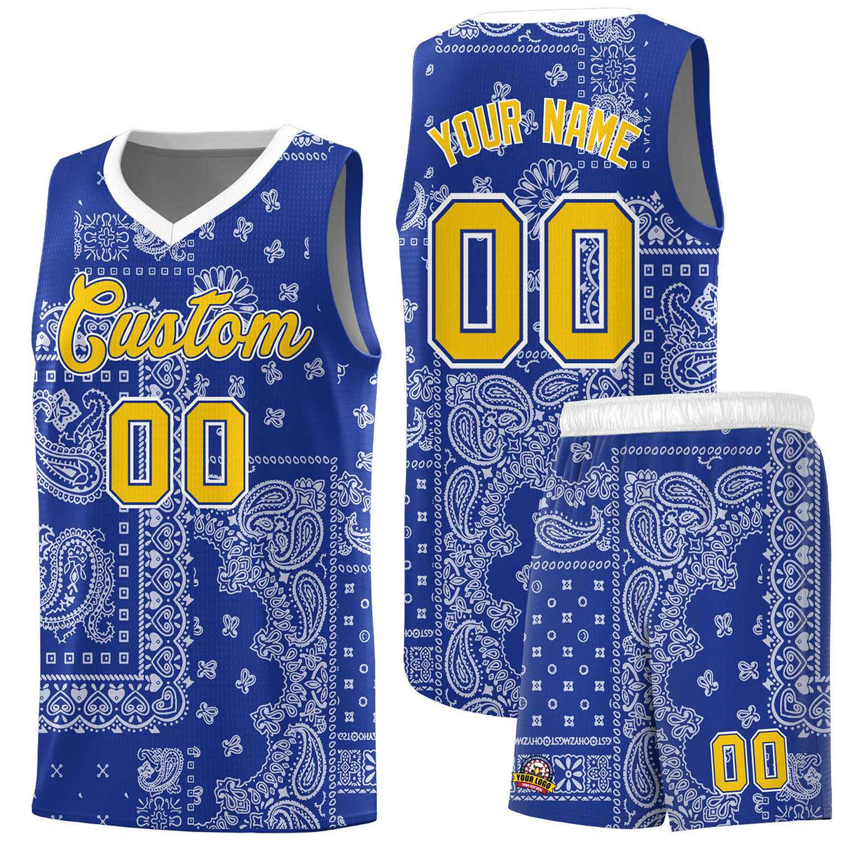 Custom Royal Basketball Kits With White Cashew Flower Print Pattern