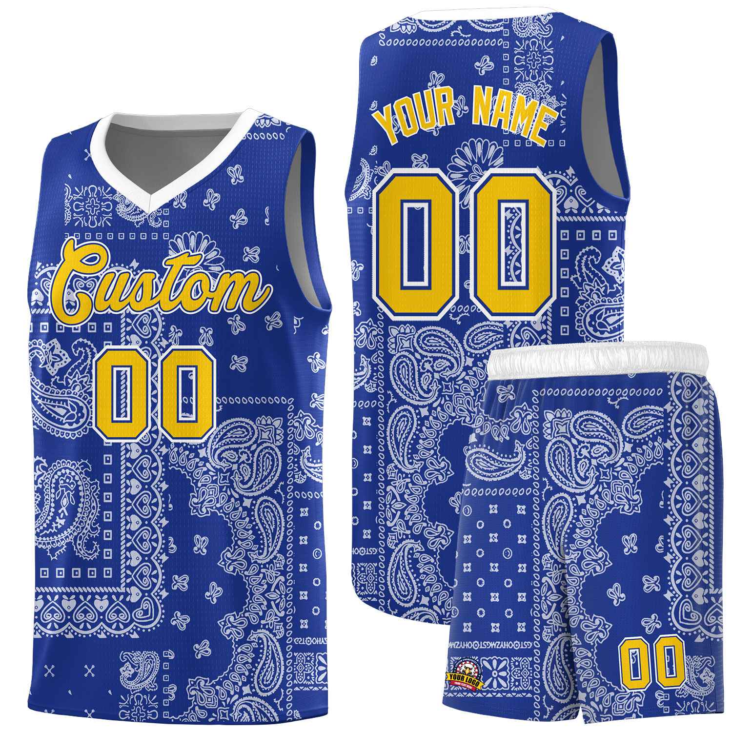 Custom Royal Basketball Kits With White Cashew Flower Print Pattern
