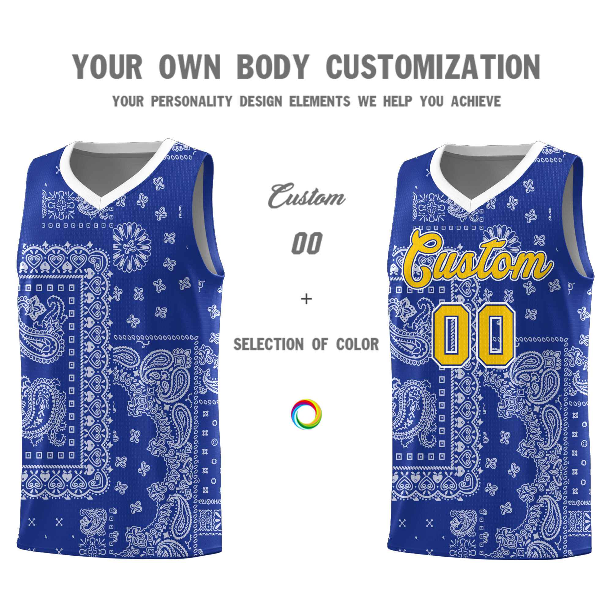 Custom Royal Basketball Kits With White Cashew Flower Print Pattern