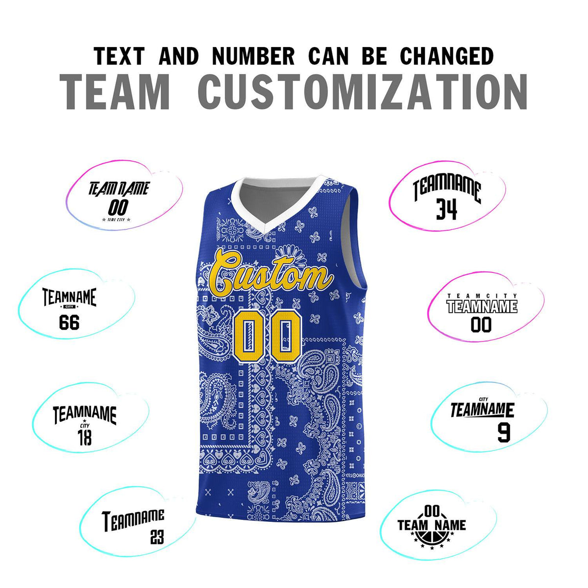 Custom Royal Basketball Kits With White Cashew Flower Print Pattern