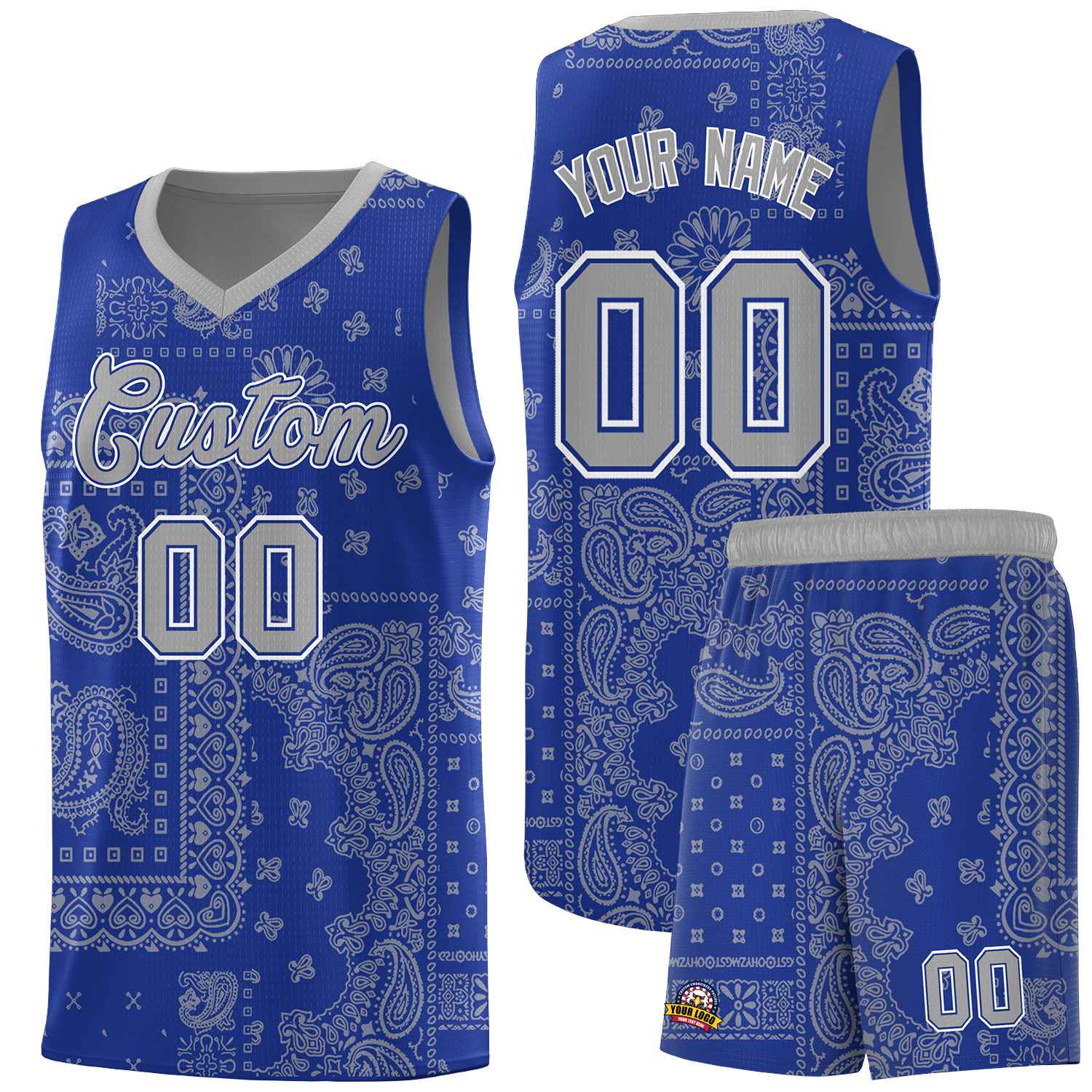 Custom Royal Basketball Kits With Silver Cashew Flower Print Pattern