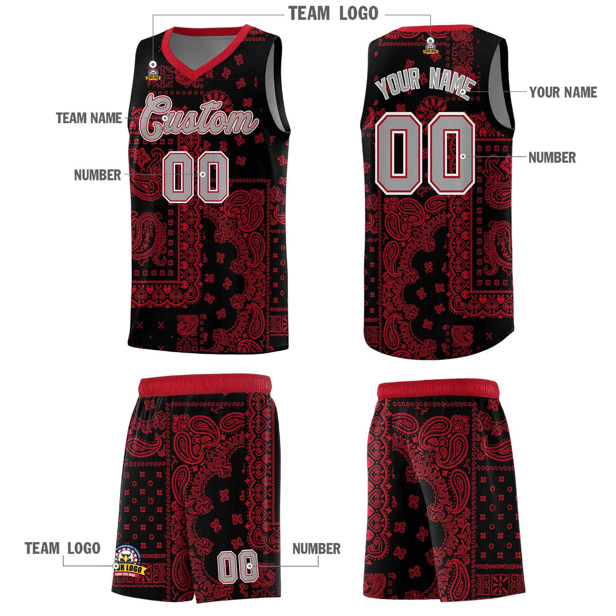 Custom Black Basketball Kits With Red Cashew Flower Print Pattern