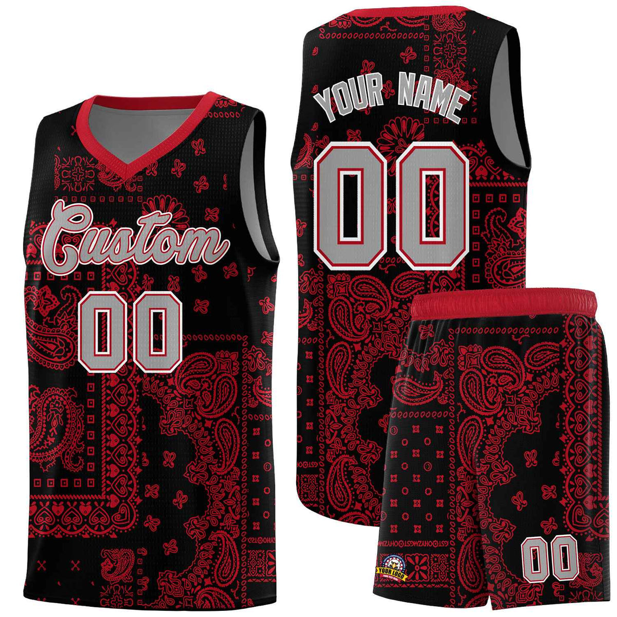 Custom Black Basketball Kits With Red Cashew Flower Print Pattern