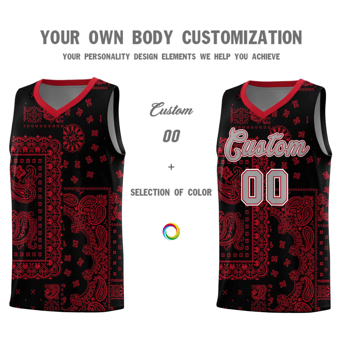 Custom Black Basketball Kits With Red Cashew Flower Print Pattern