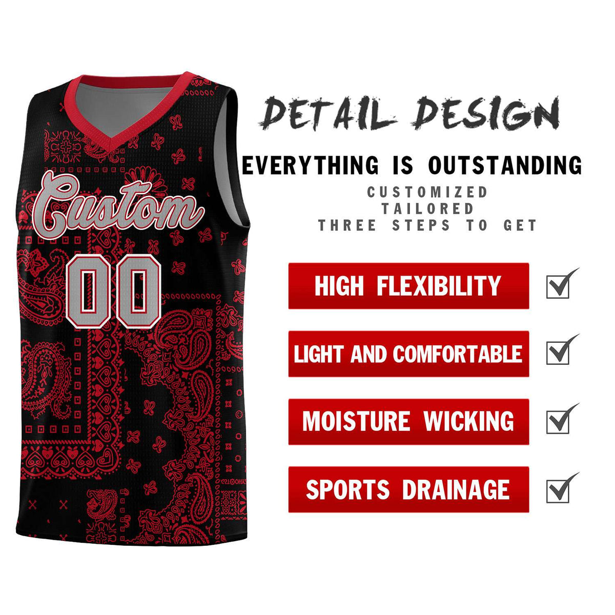 Custom Black Basketball Kits With Red Cashew Flower Print Pattern
