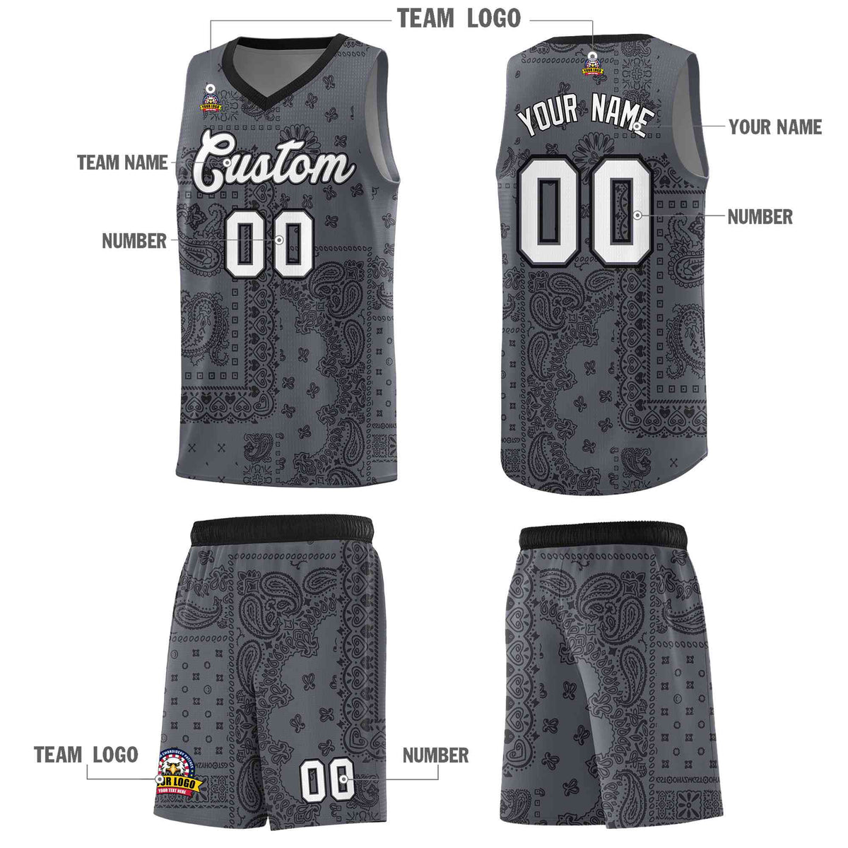 Custom Gray Basketball Kits With Black Cashew Flower Print Pattern