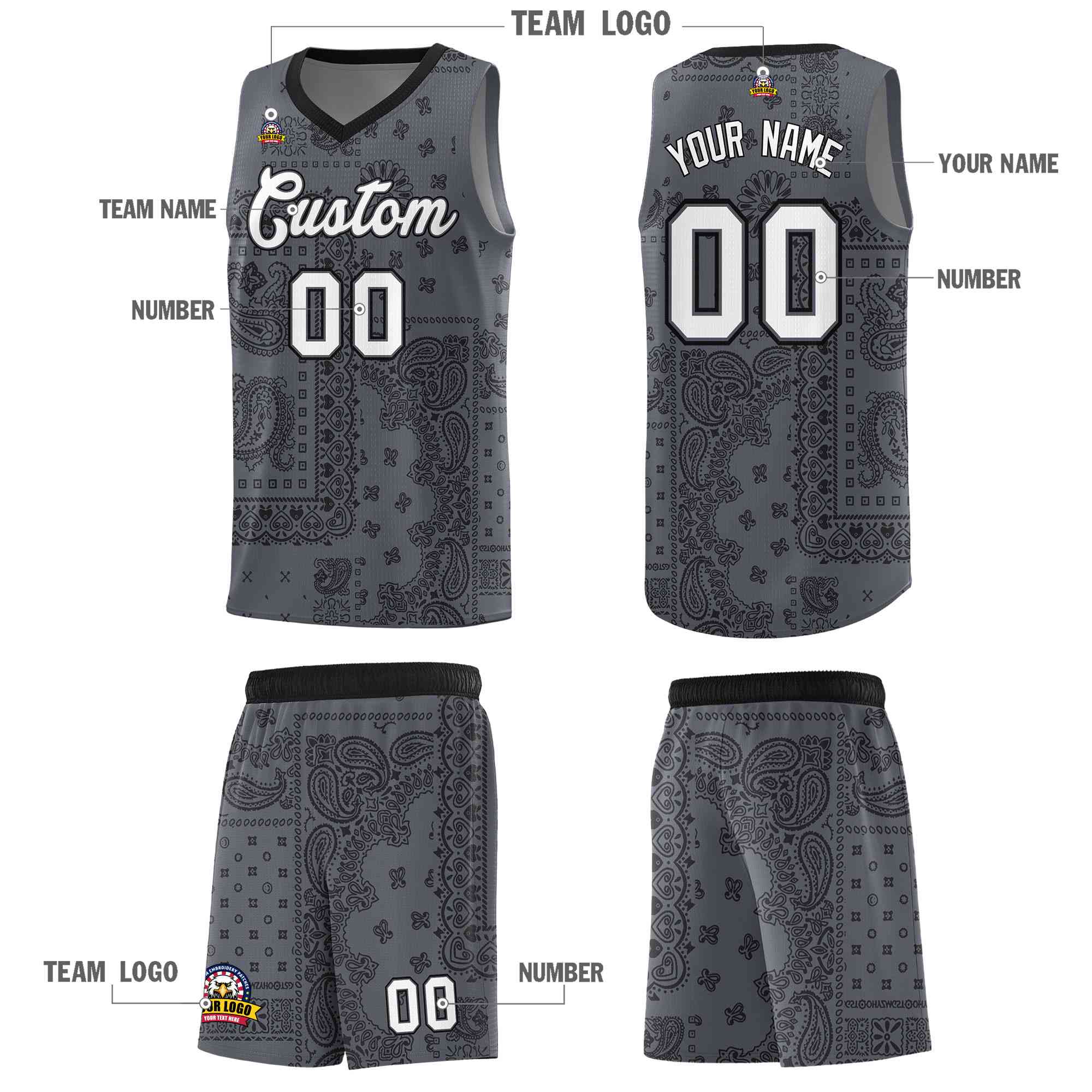Custom Gray Basketball Kits With Black Cashew Flower Print Pattern