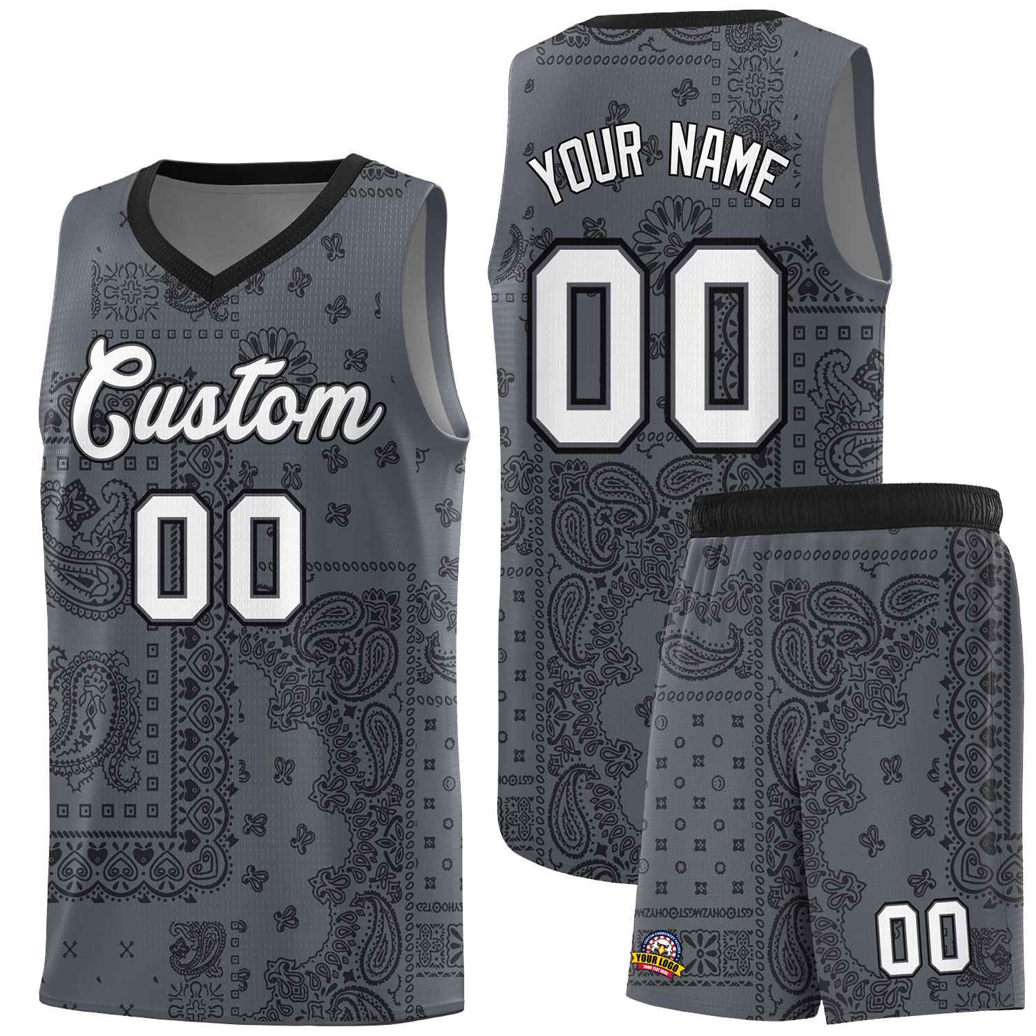 Custom Gray Basketball Kits With Black Cashew Flower Print Pattern