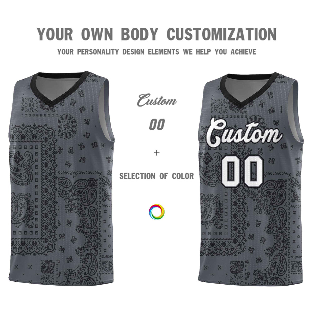 Custom Gray Basketball Kits With Black Cashew Flower Print Pattern