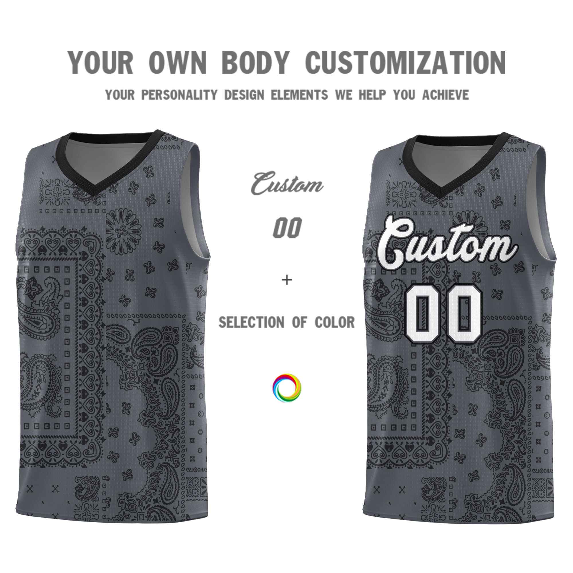 Custom Gray Basketball Kits With Black Cashew Flower Print Pattern
