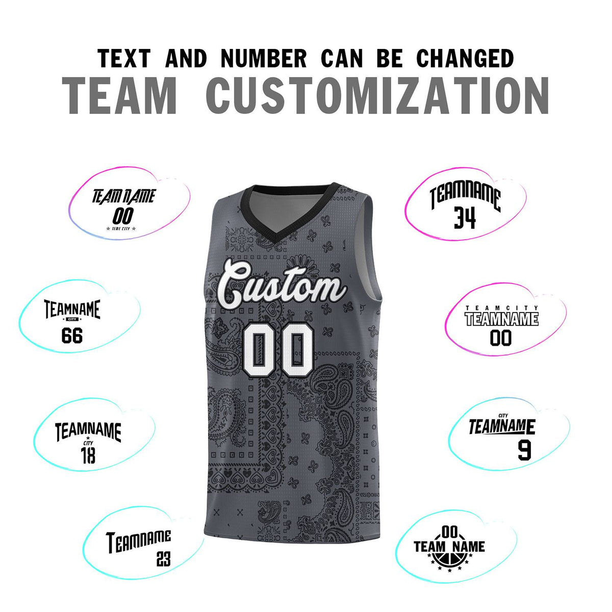 Custom Gray Basketball Kits With Black Cashew Flower Print Pattern