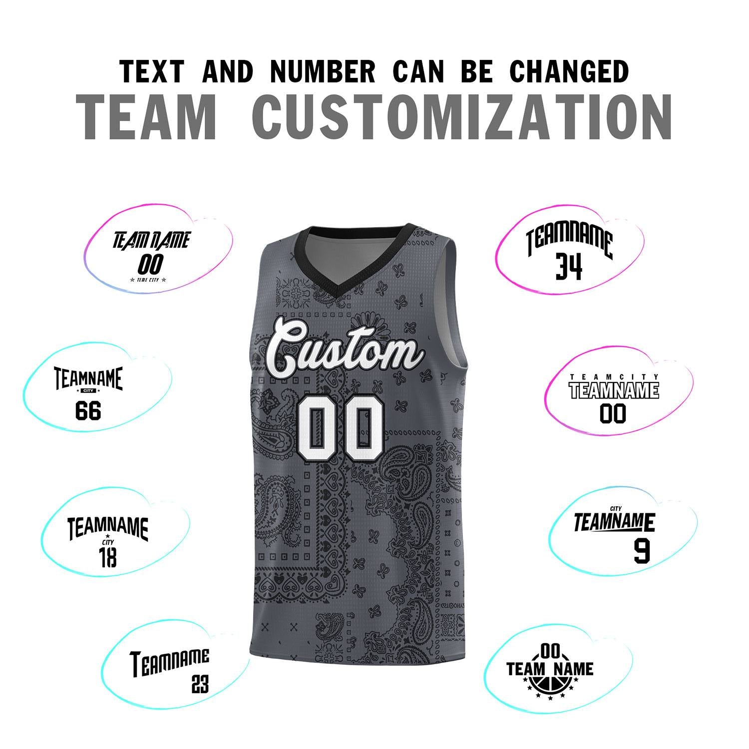 Custom Gray Basketball Kits With Black Cashew Flower Print Pattern