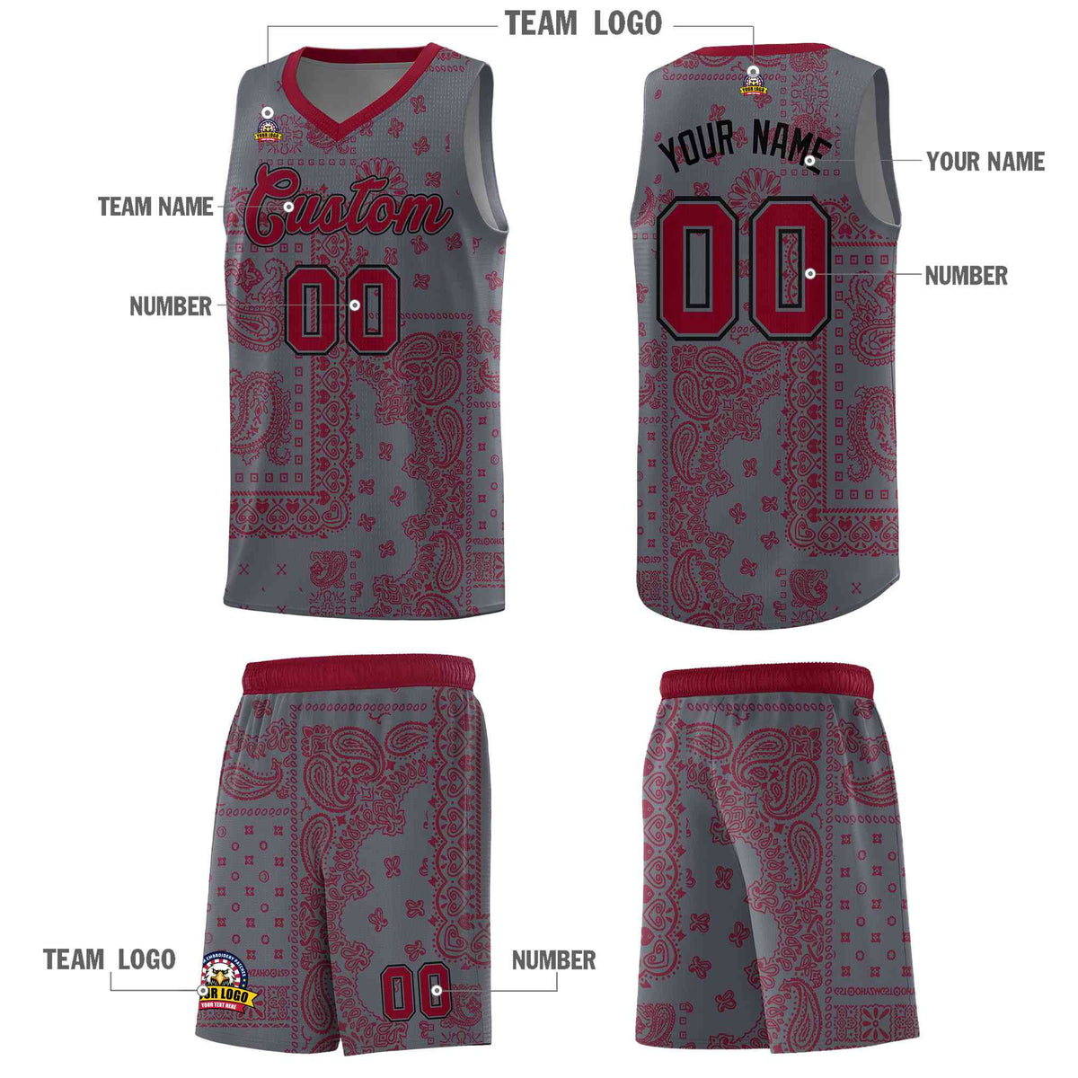 Custom Gray Basketball Kits With Crimson Cashew Flower Print Pattern