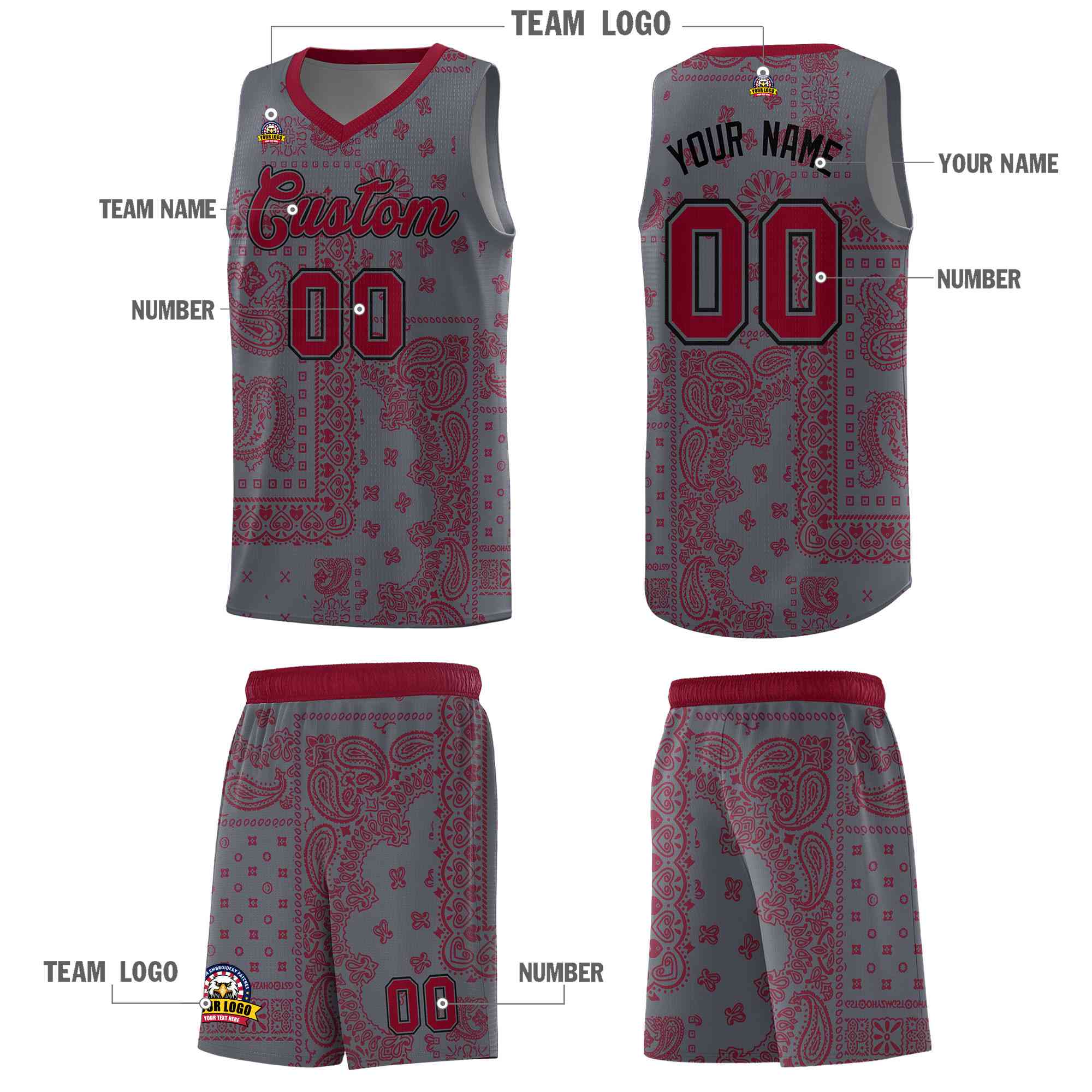 Custom Gray Basketball Kits With Crimson Cashew Flower Print Pattern