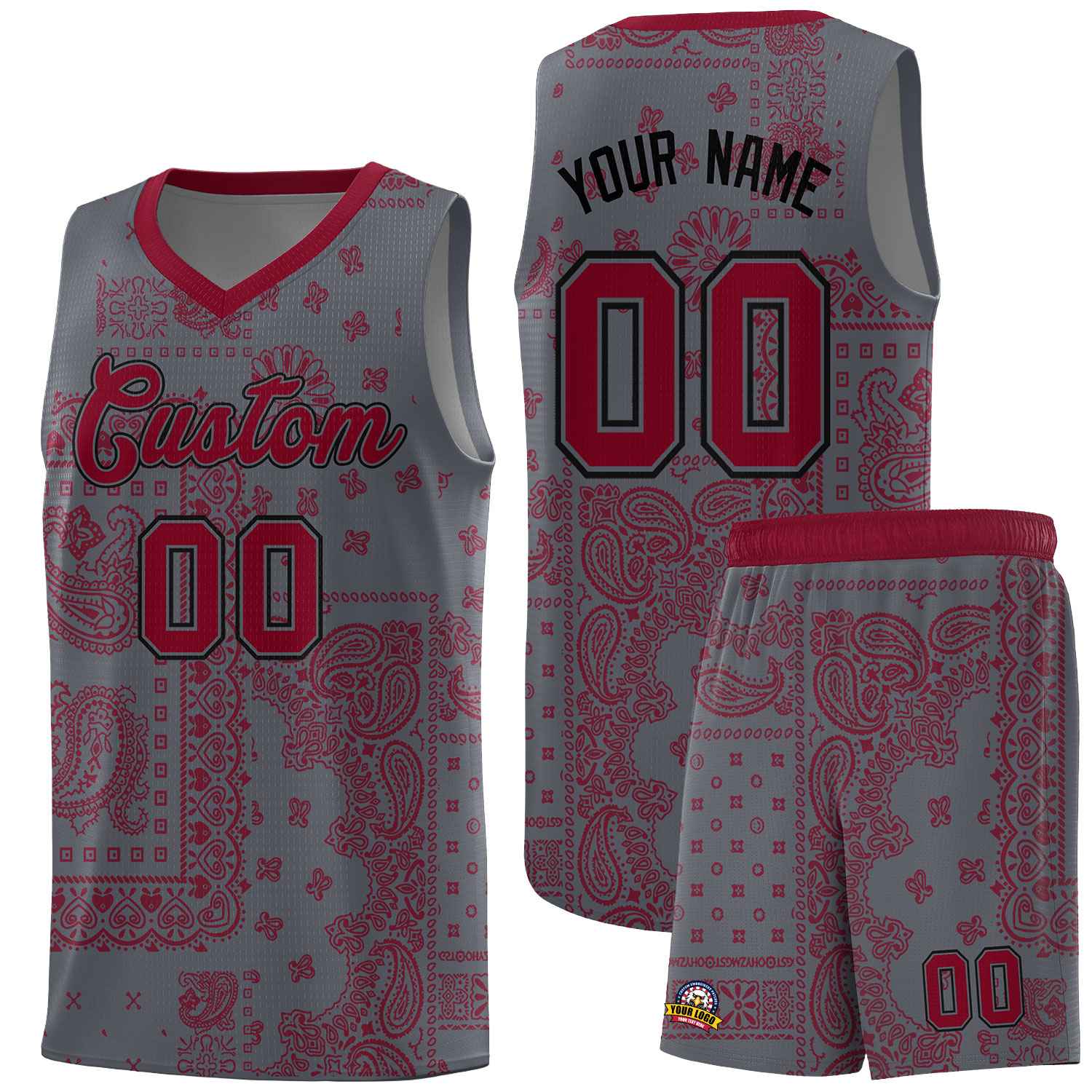 Custom Gray Basketball Kits With Crimson Cashew Flower Print Pattern