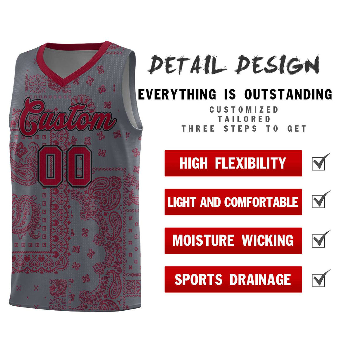 Custom Gray Basketball Kits With Crimson Cashew Flower Print Pattern