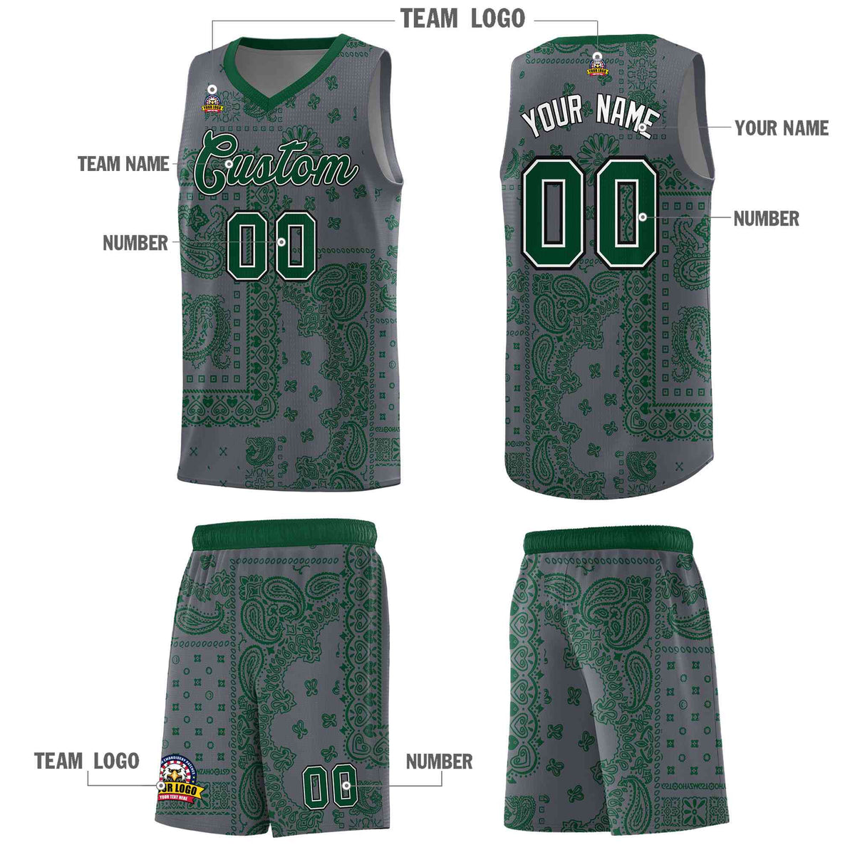 Custom Gray Basketball Kits With Kelly Green Cashew Flower Print Pattern