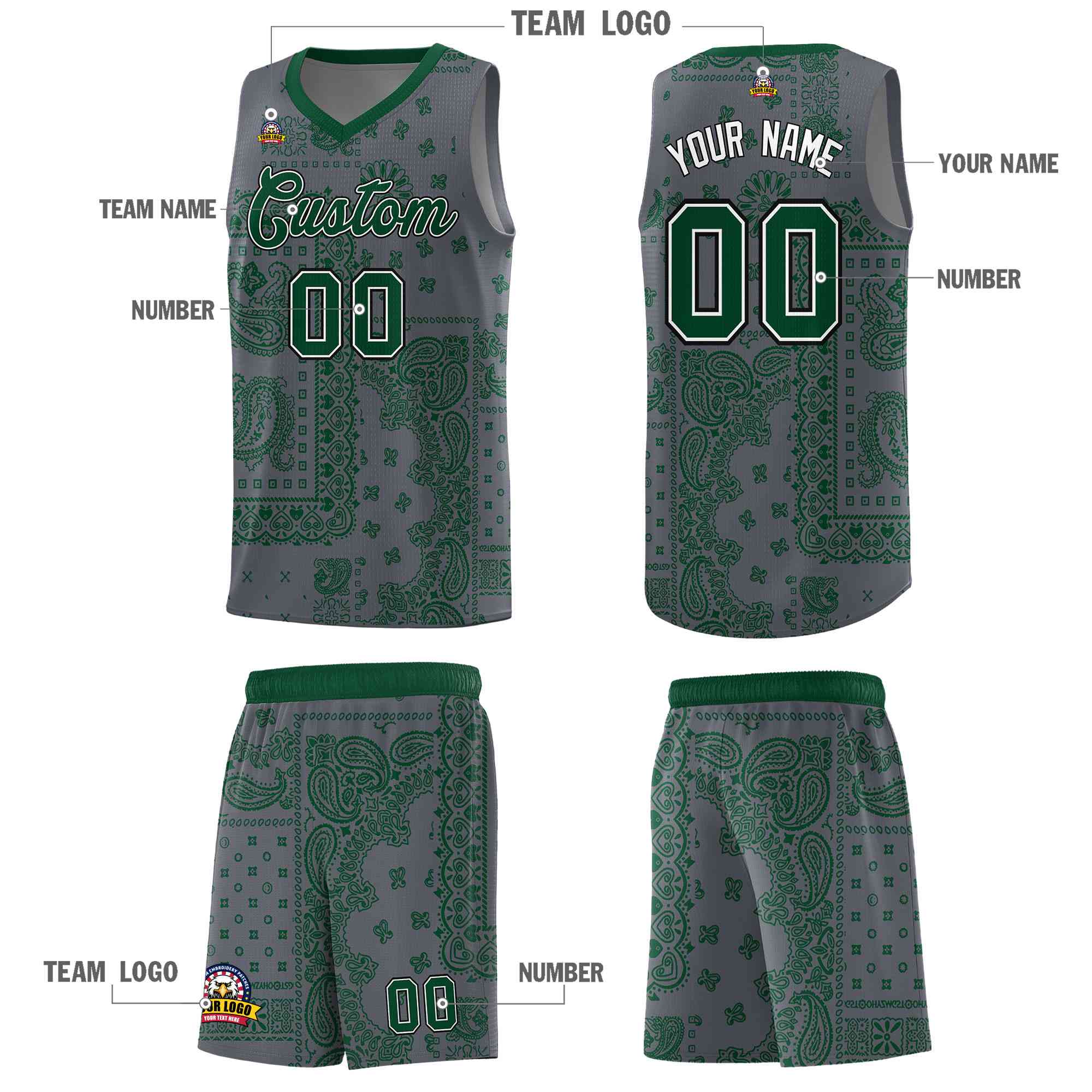 Custom Gray Basketball Kits With Kelly Green Cashew Flower Print Pattern