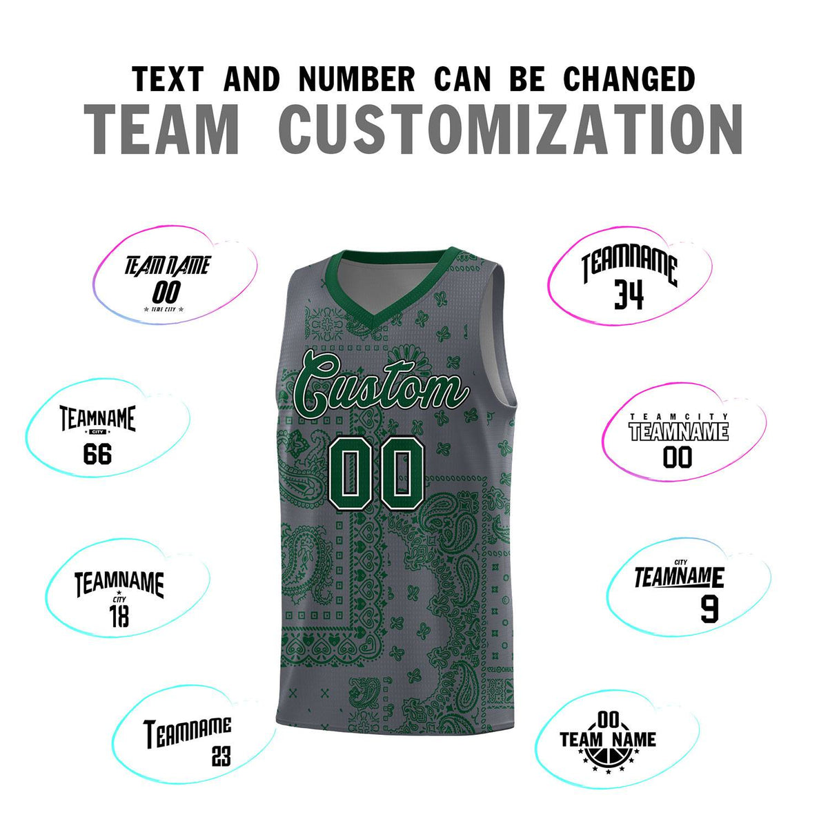 Custom Gray Basketball Kits With Kelly Green Cashew Flower Print Pattern