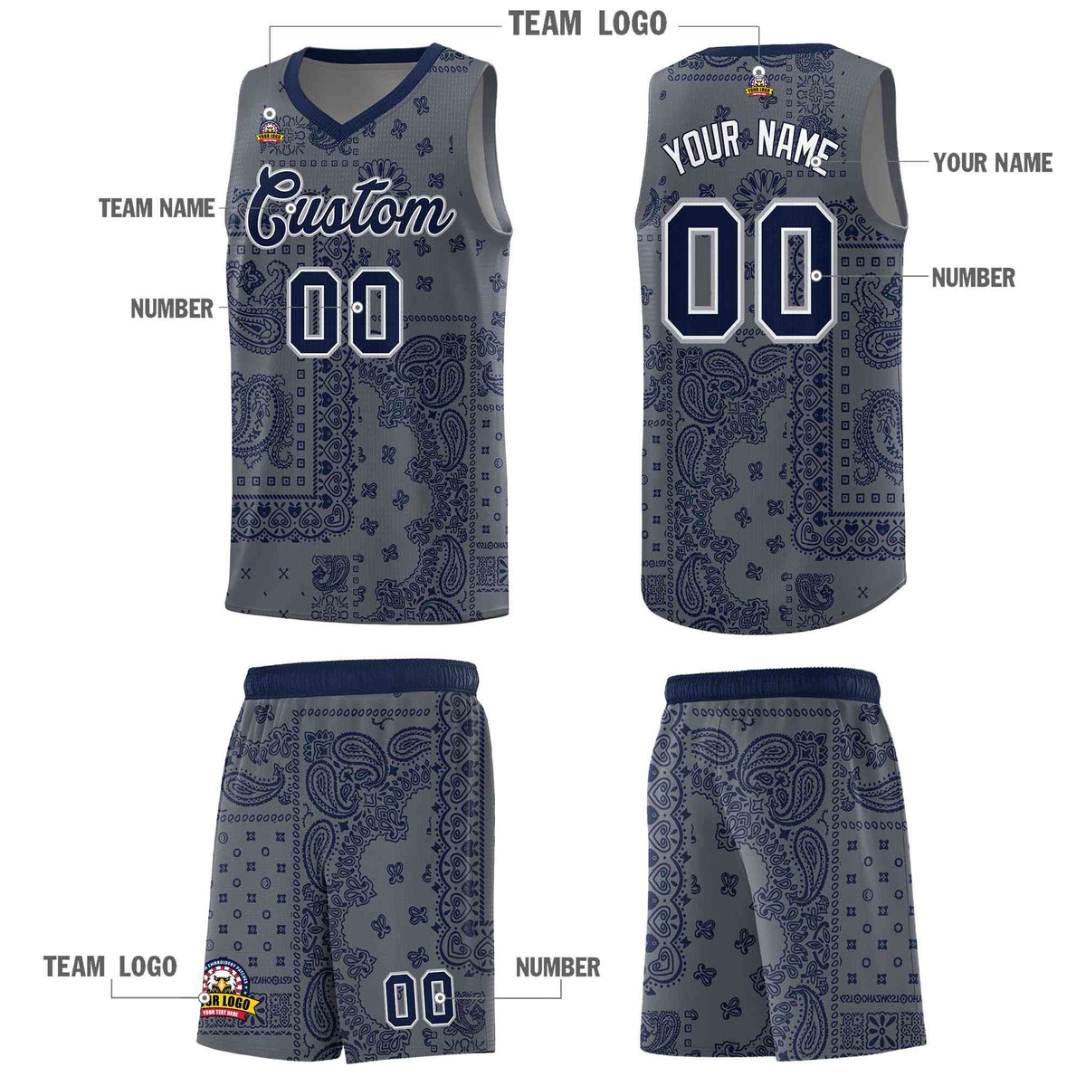 Custom Gray Basketball Kits With Navy Cashew Flower Print Pattern