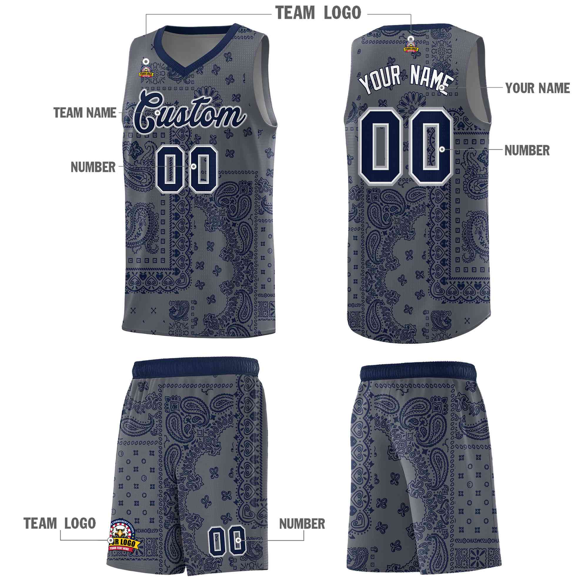 Custom Gray Basketball Kits With Navy Cashew Flower Print Pattern