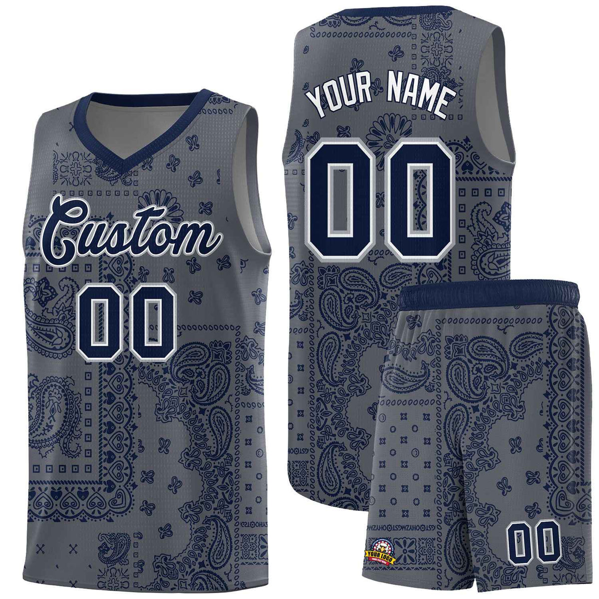 Custom Gray Basketball Kits With Navy Cashew Flower Print Pattern