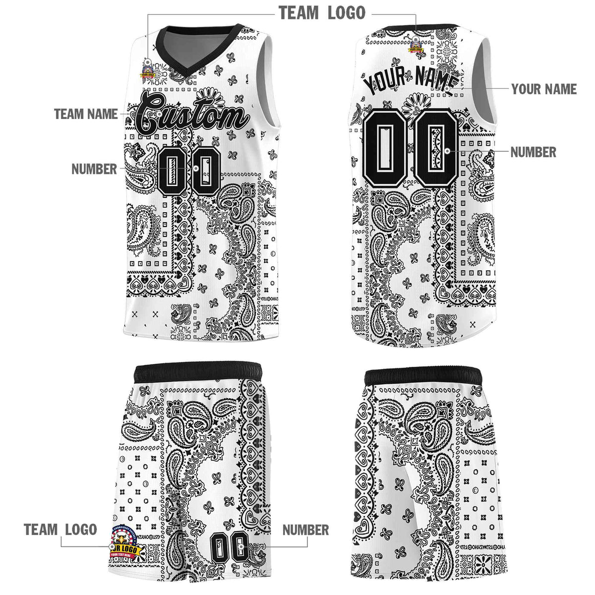 Custom White Basketball Kits With Black Cashew Flower Print Pattern