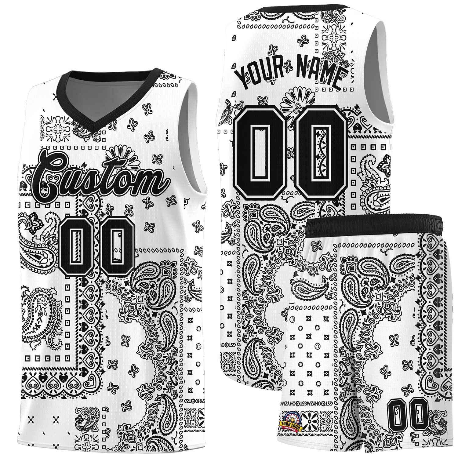 Custom White Basketball Kits With Black Cashew Flower Print Pattern