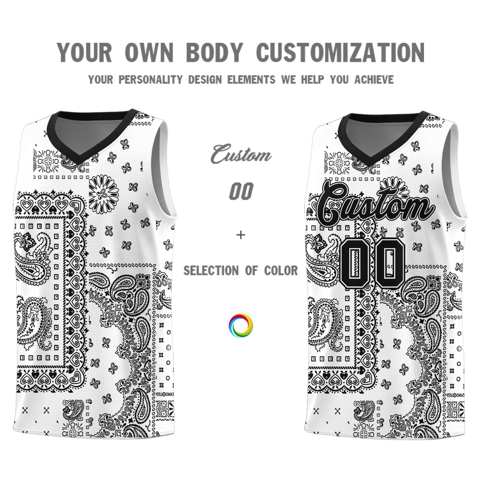 Custom White Basketball Kits With Black Cashew Flower Print Pattern