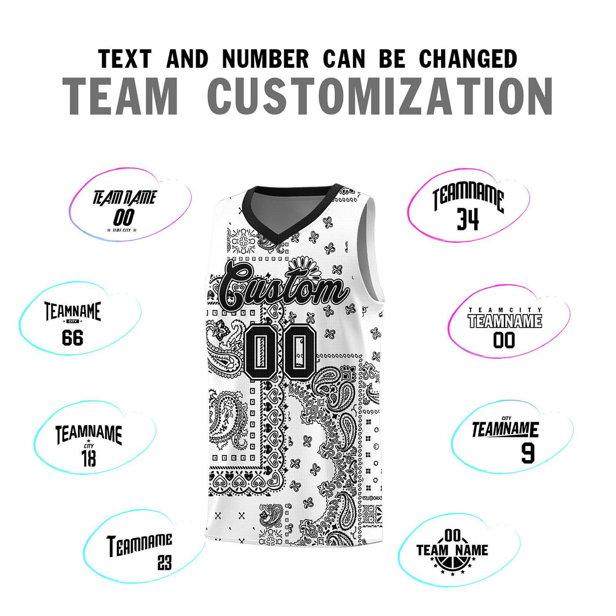 Custom White Basketball Kits With Black Cashew Flower Print Pattern
