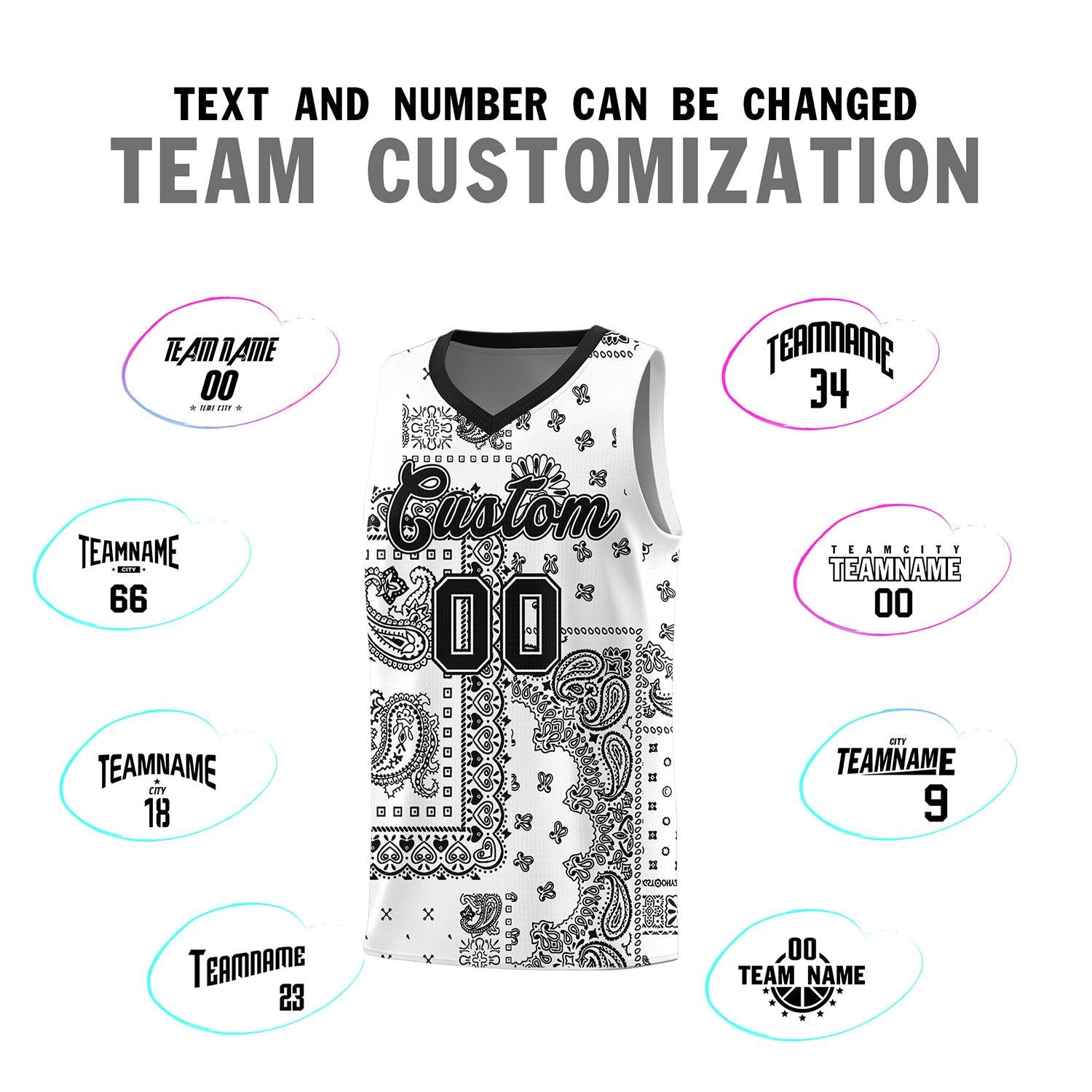Custom White Basketball Kits With Black Cashew Flower Print Pattern