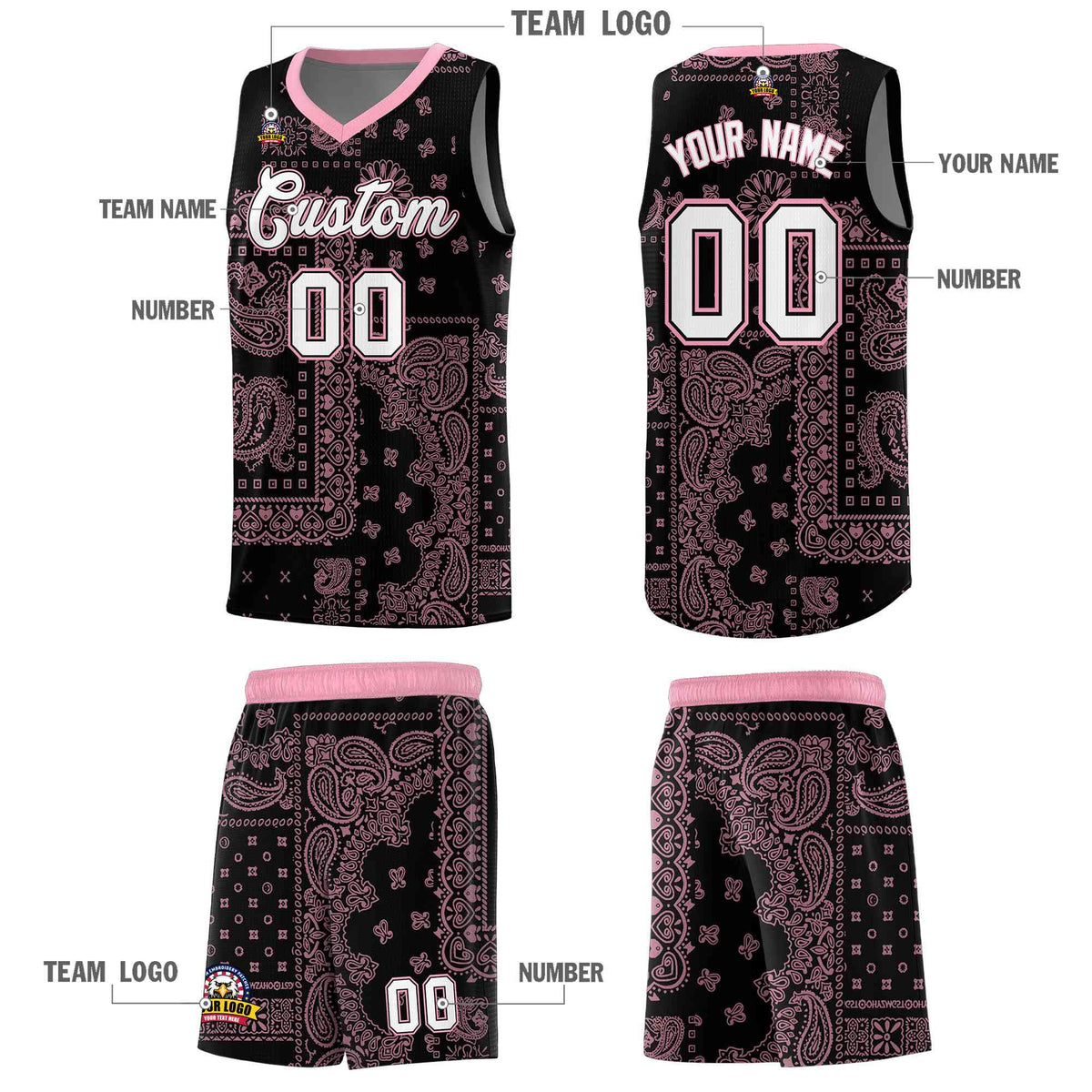 Custom Black Basketball Kits With Light Pink Cashew Flower Print Pattern
