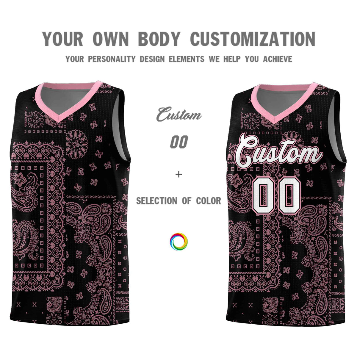 Custom Black Basketball Kits With Light Pink Cashew Flower Print Pattern