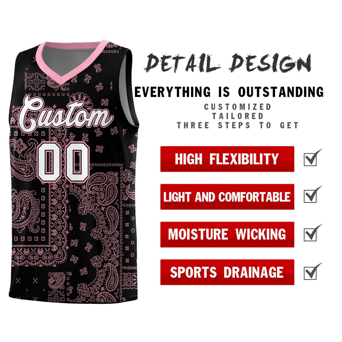 Custom Black Basketball Kits With Light Pink Cashew Flower Print Pattern