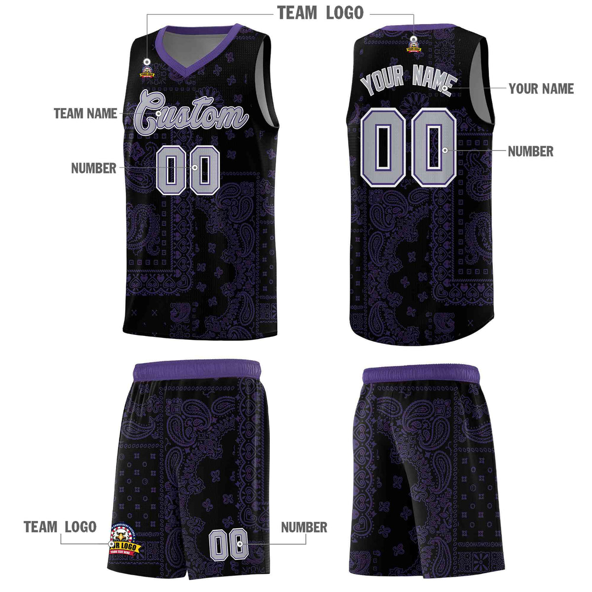 Custom Black Basketball Kits With Purple Cashew Flower Print Pattern