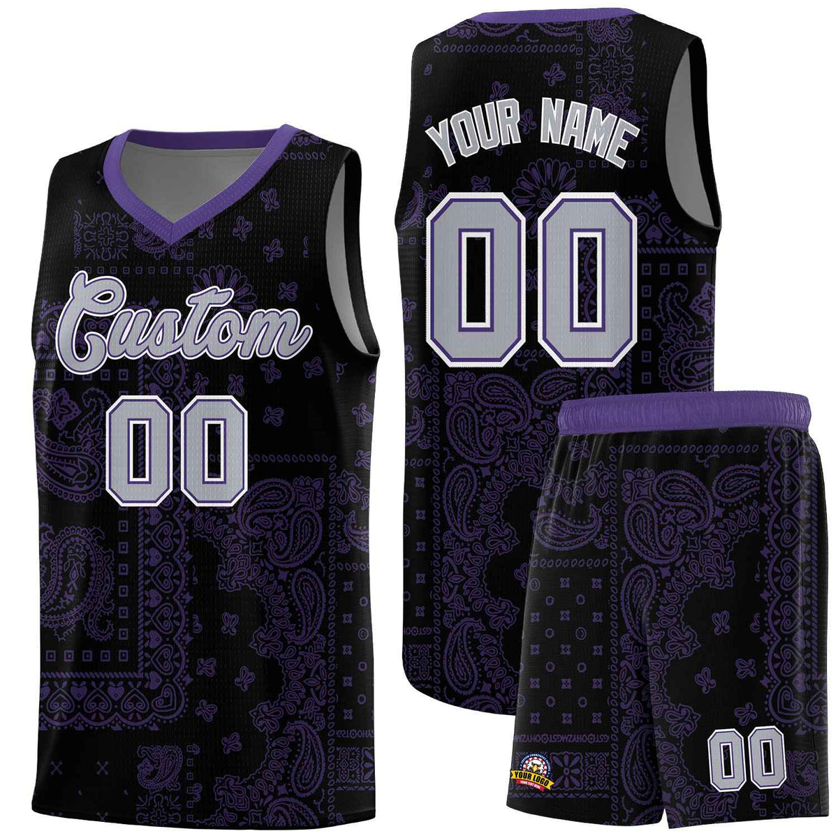 Custom Black Basketball Kits With Purple Cashew Flower Print Pattern