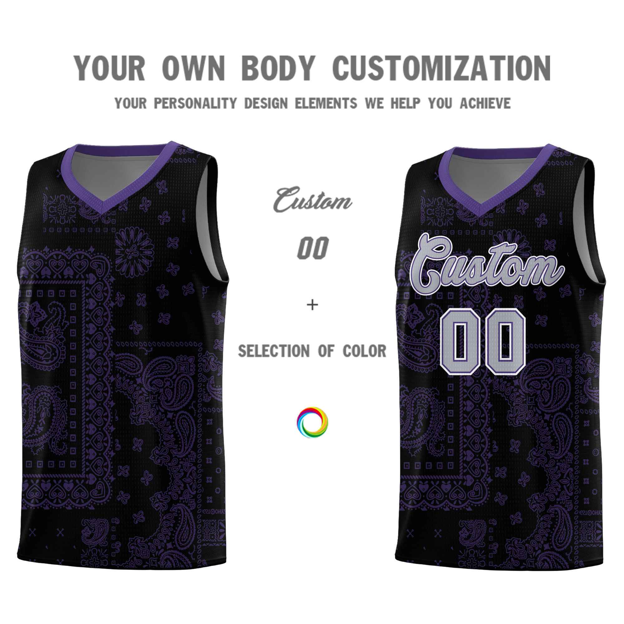 Custom Black Basketball Kits With Purple Cashew Flower Print Pattern