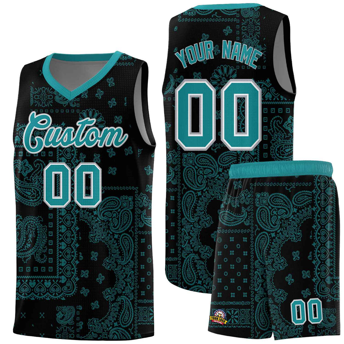 Custom Black Basketball Kits With Aqua Cashew Flower Print Pattern