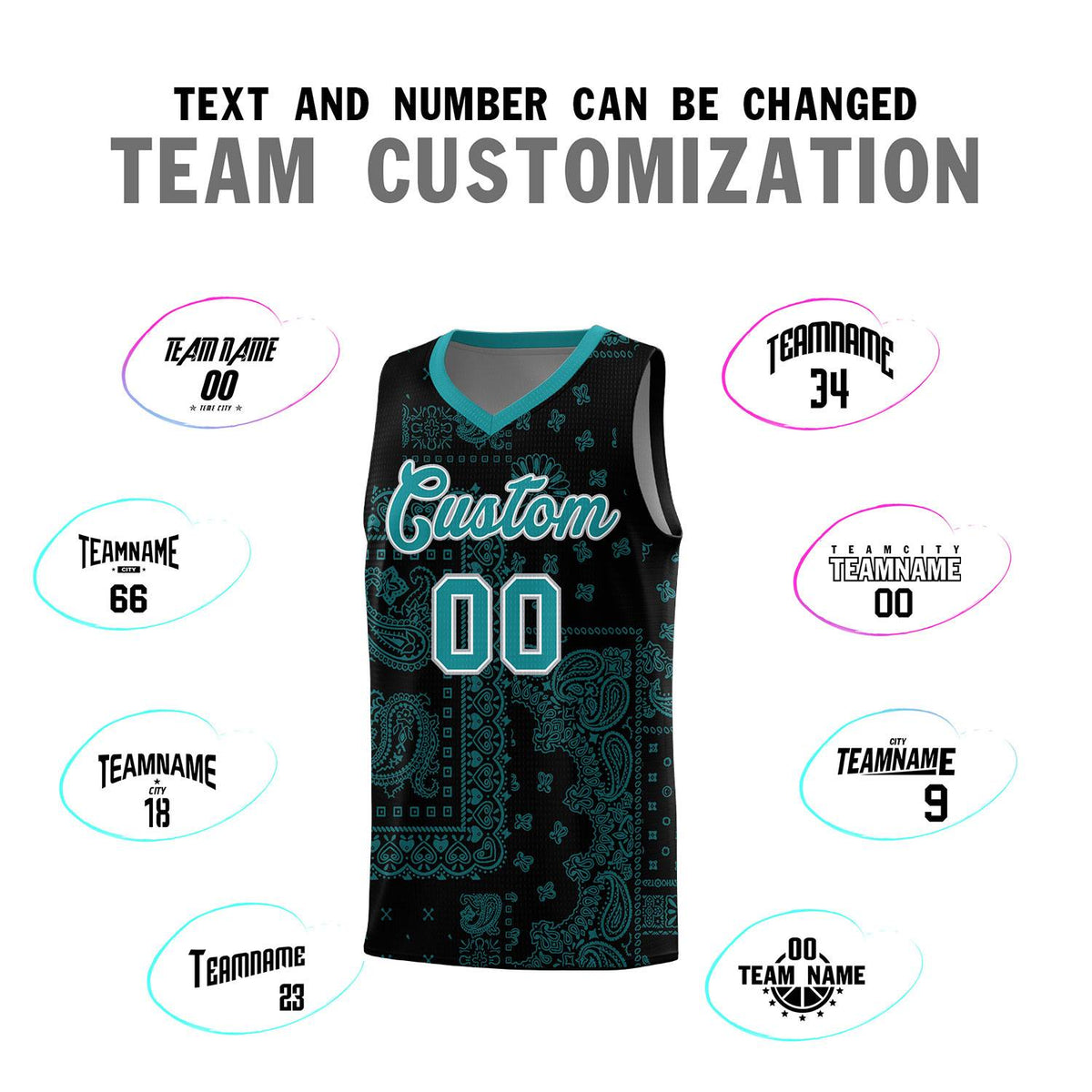 Custom Black Basketball Kits With Aqua Cashew Flower Print Pattern